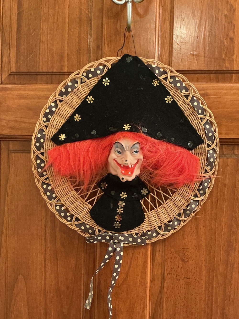 Vintage Mid-Century Halloween Rubber-Face Witch Wicker Wreath